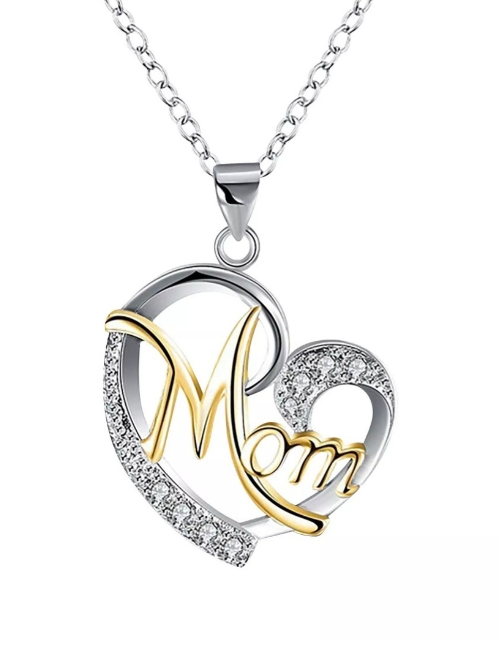 MOM Heart Pendant Necklace Crystal Inlayed Encrusted Silver Heart Gold Mom